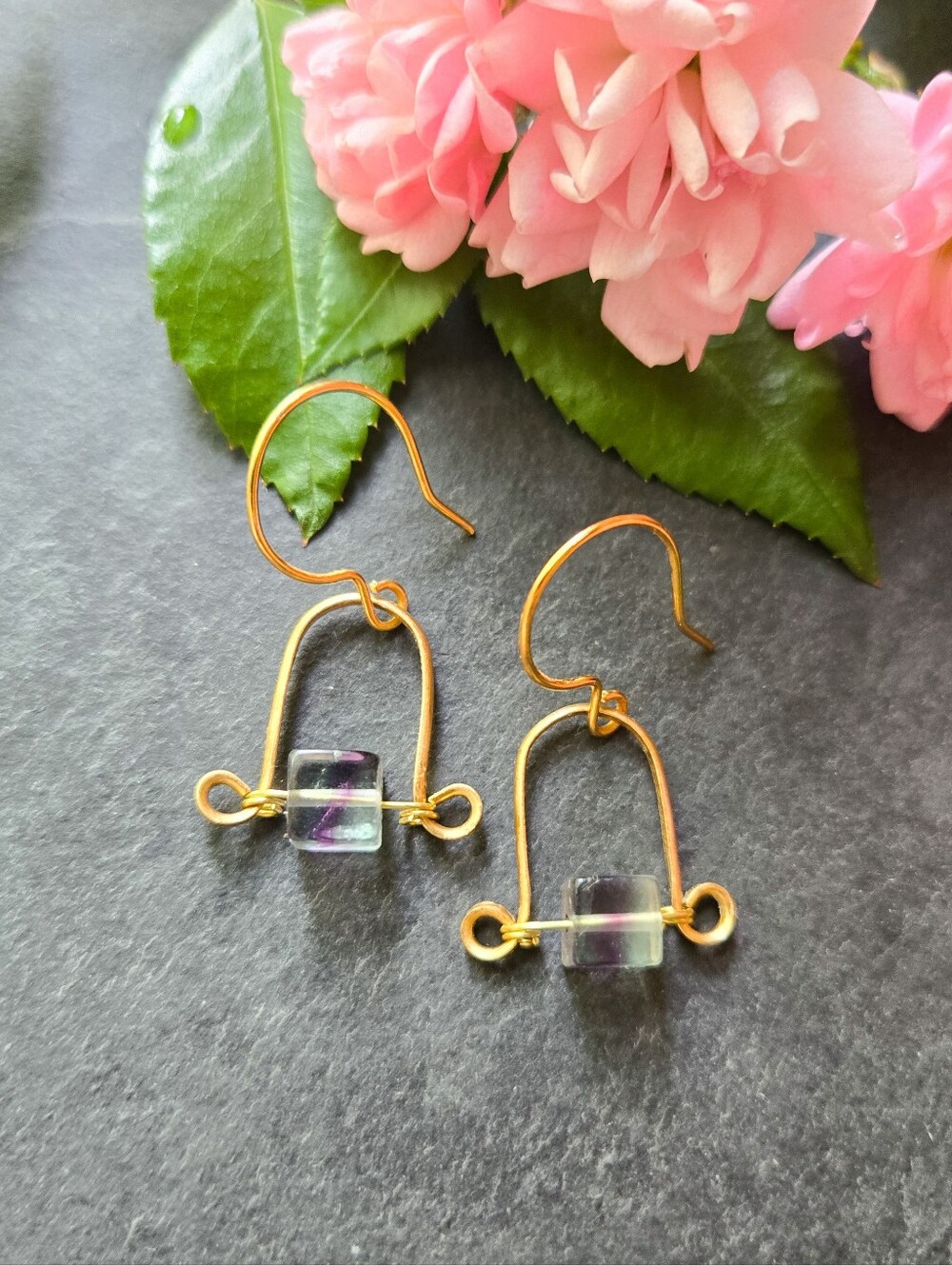 NWT Rainbow Fluorite Dainty Brass Earrings